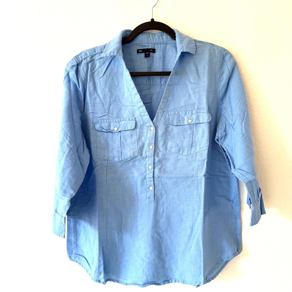 GAP Blue Linen Blend Utility Tunic Top L Coastal Minimalist V-Neck 3/4 Sleeve